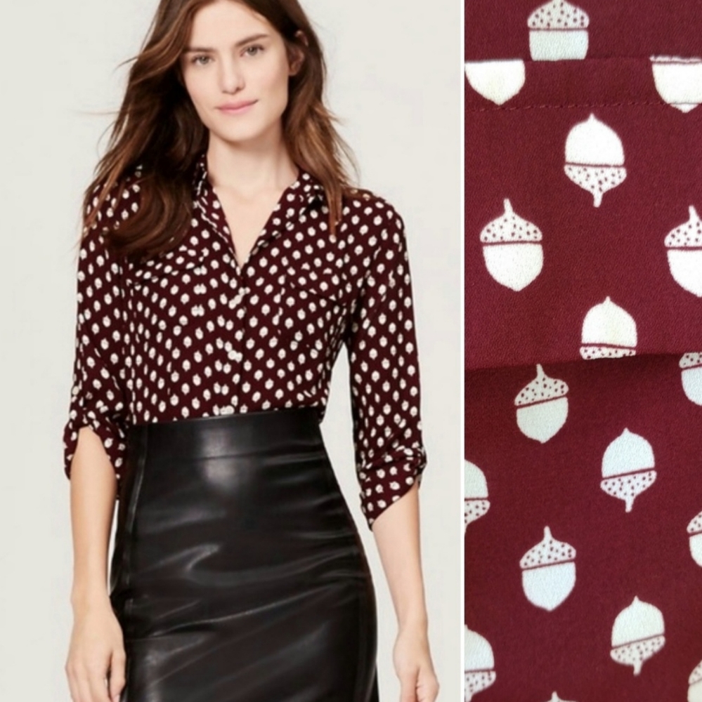 Ann Taylor LOFT Maroon Acorn Button Down Blouse